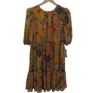 Eliza J Womens Sz 6 Mustard Yellow Floral Puff Sleeve Dress Short Length Dress